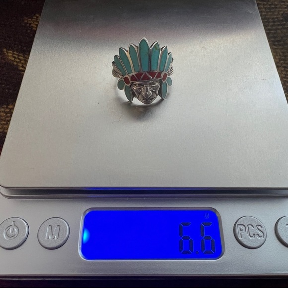 ❤️ Zuni Chief Inlaid Sterling Silver Southwestern Size 8.5 Ring 6.6gm - Picture 7 of 14